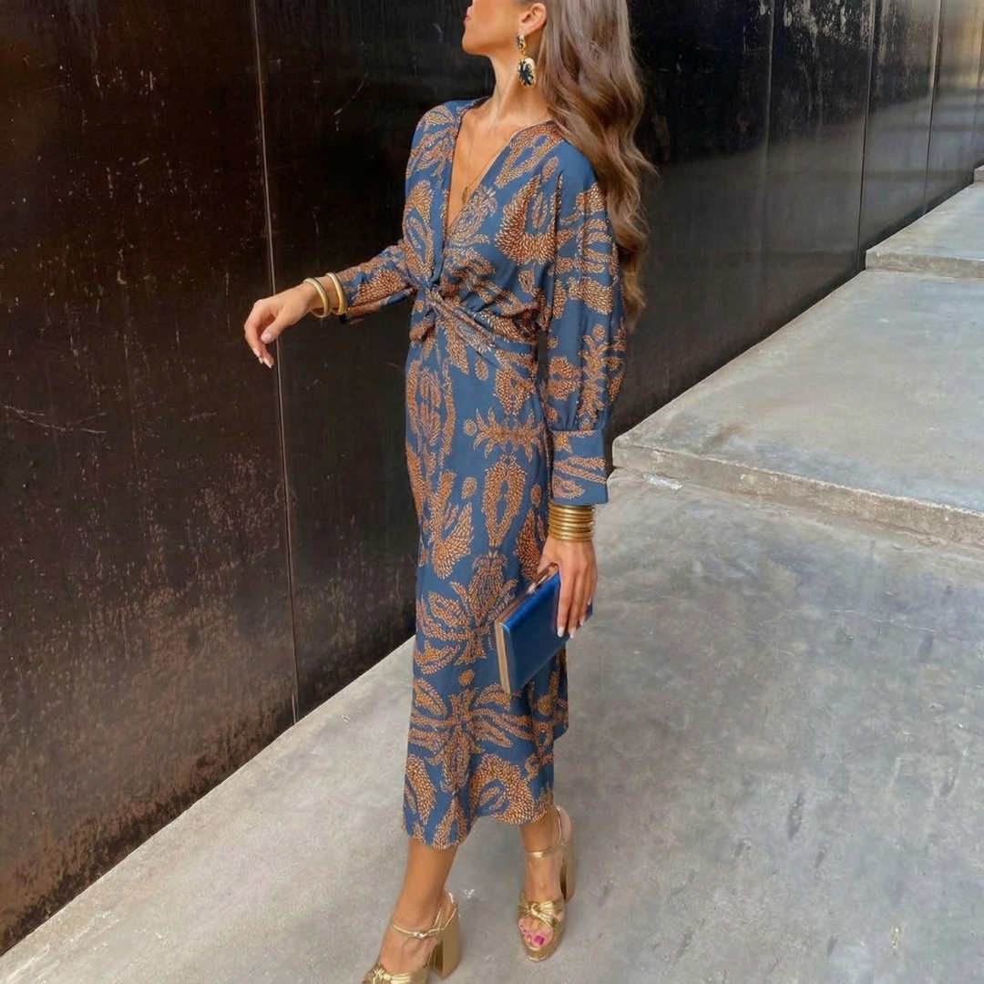 Isadora™ – Elegant Midi Dress with Waist Knot and Artistic Print