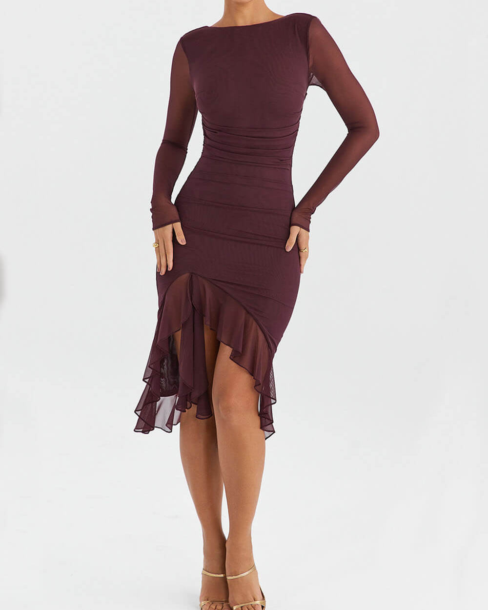 Women's midi dress with long sleeves and ruffle