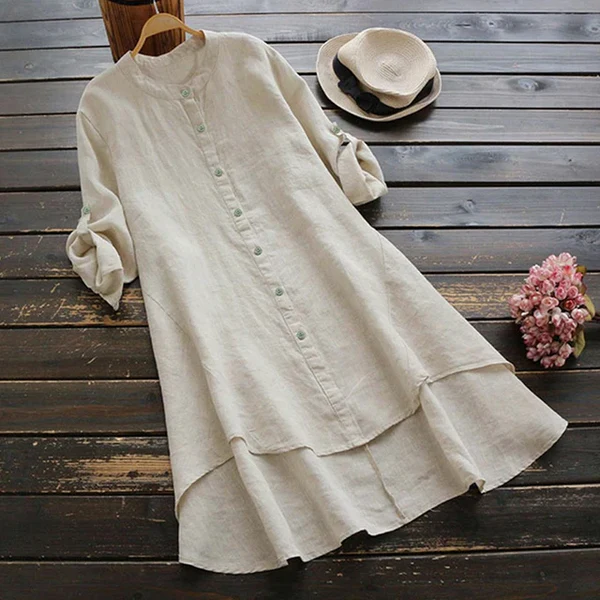 Women's midi dress with button closure, loose fit, and layered hem