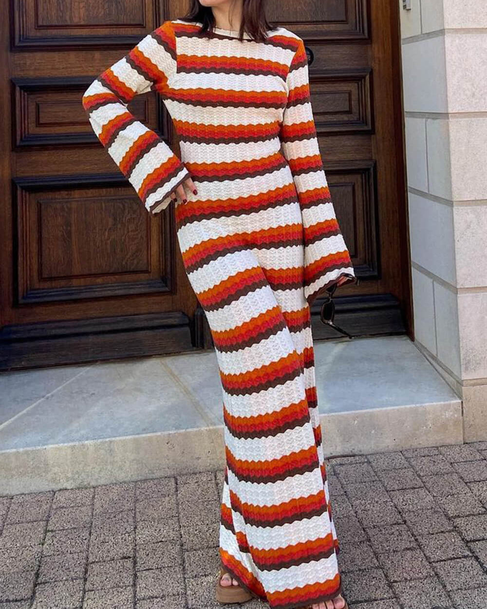 Women's Maxi Dress with Stripes and Long Sleeves