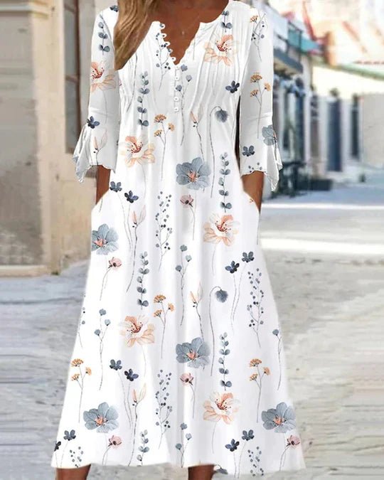 Women’s Casual Floral Midi Dress with V-Neck