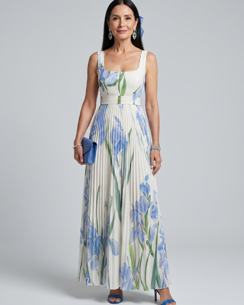 Ophelia | Sleeveless Square Neck Floral Print Midi Dress