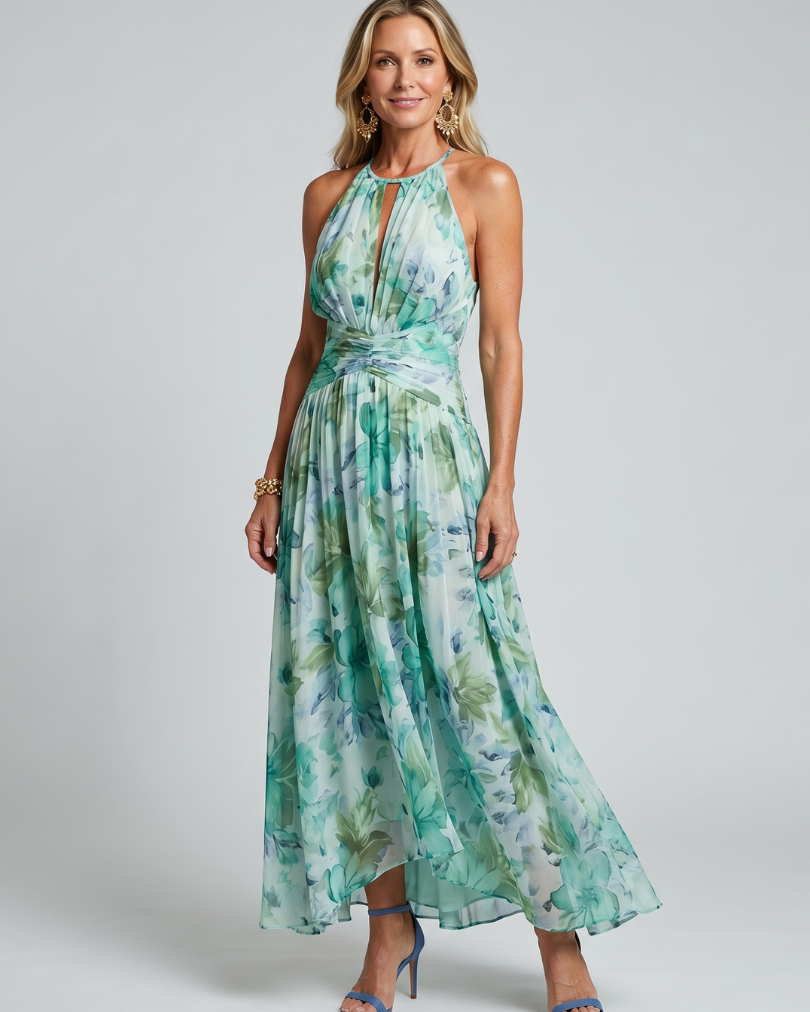 Portia | Pleated Halter Soft Floral Pattern Midi Dress