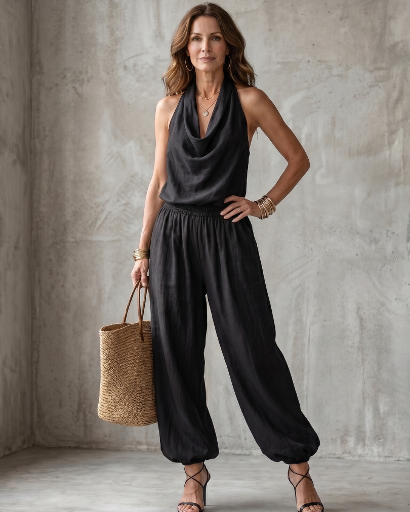Yvaine | Drape Neck Fluid Top Wide Leg Set