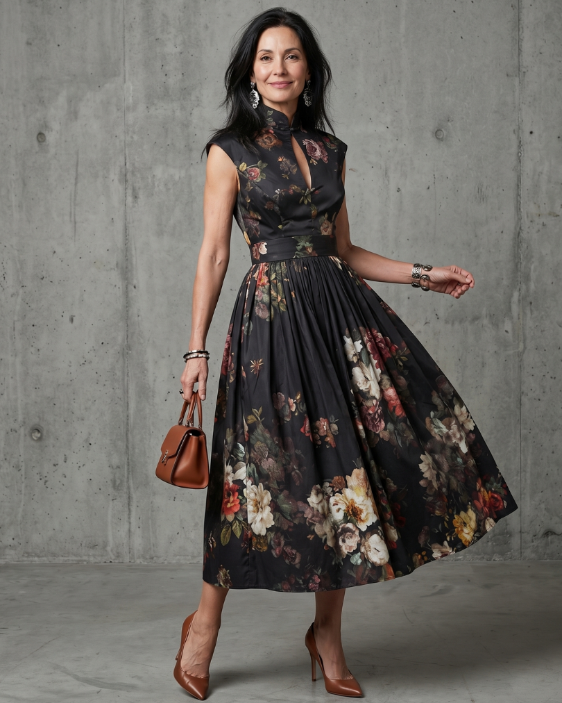 Greta | High Neck Keyhole Floral Pleated Midi Dress