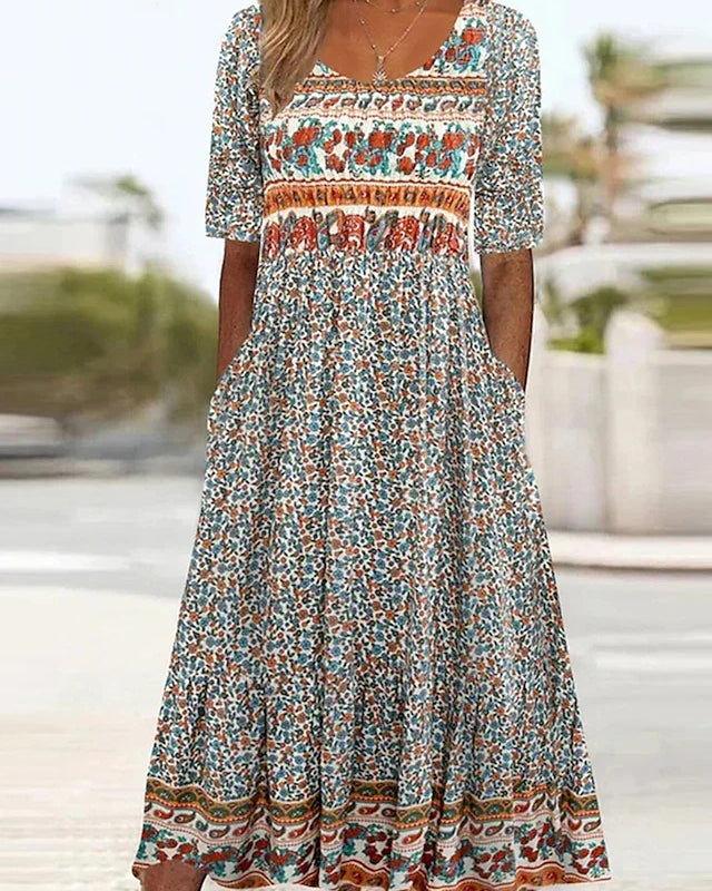 Peyton | Women's Boho Printed Square Neck Short Sleeve Midi Dress