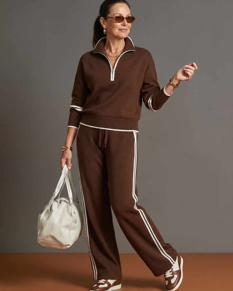 Rain | Zip Neck Long Sleeve Side Stripe Leg Pants Set