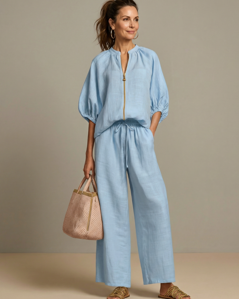 Natalia | Zip Front Blouson Top Wide Leg Set