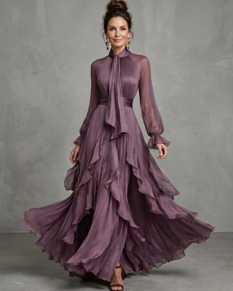 Demetria | Tie Neck Ruffle Tiered Maxi Dress