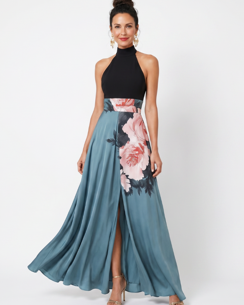 Olympas | Halter Bodice Floral Skirt Maxi Dress