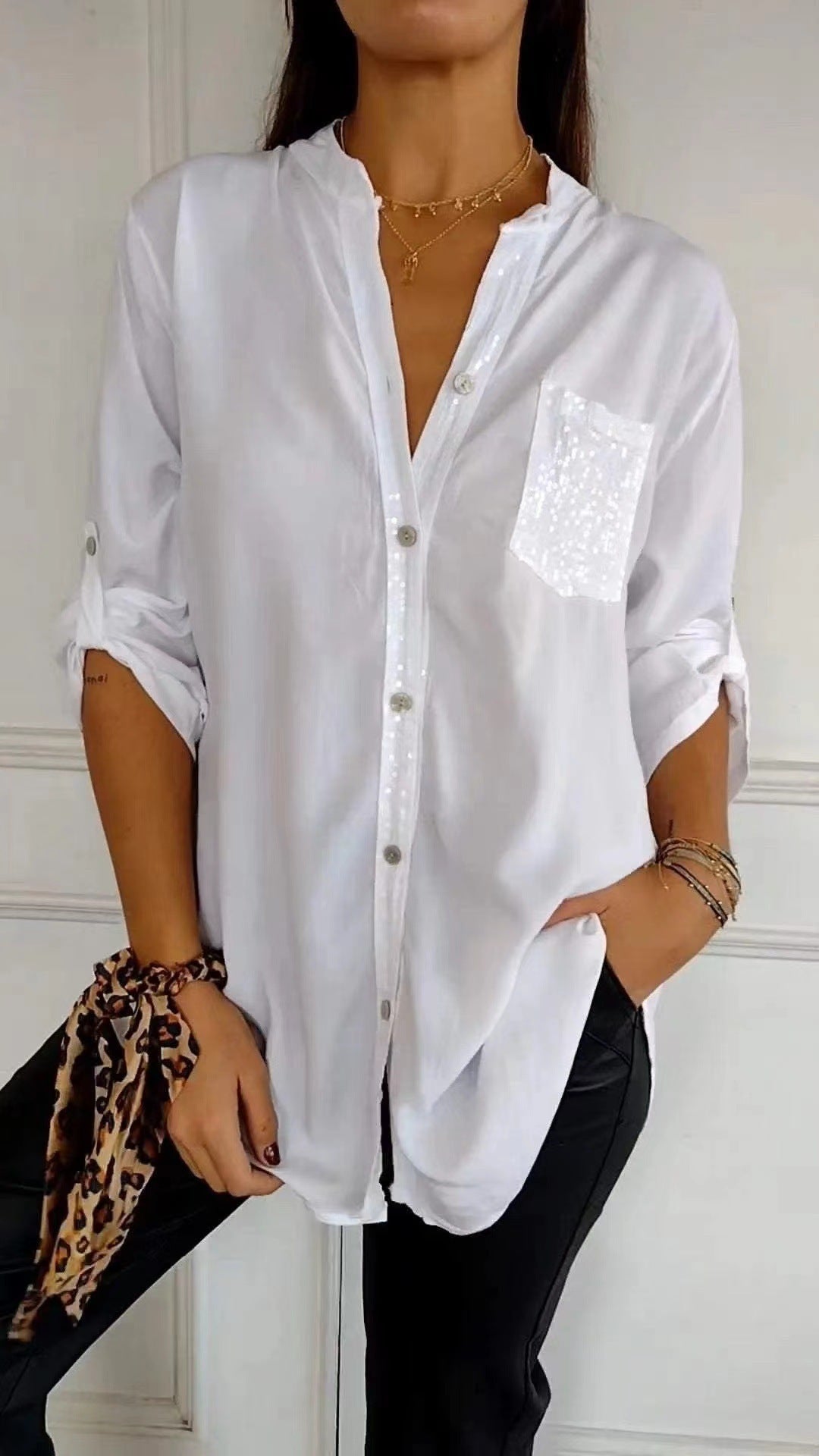 Women’s Casual Button-Up Blouse with Sequin Detail