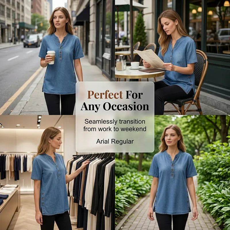 Lightweight Denim Tunic for Women with Short Sleeves and Decorative Buttons