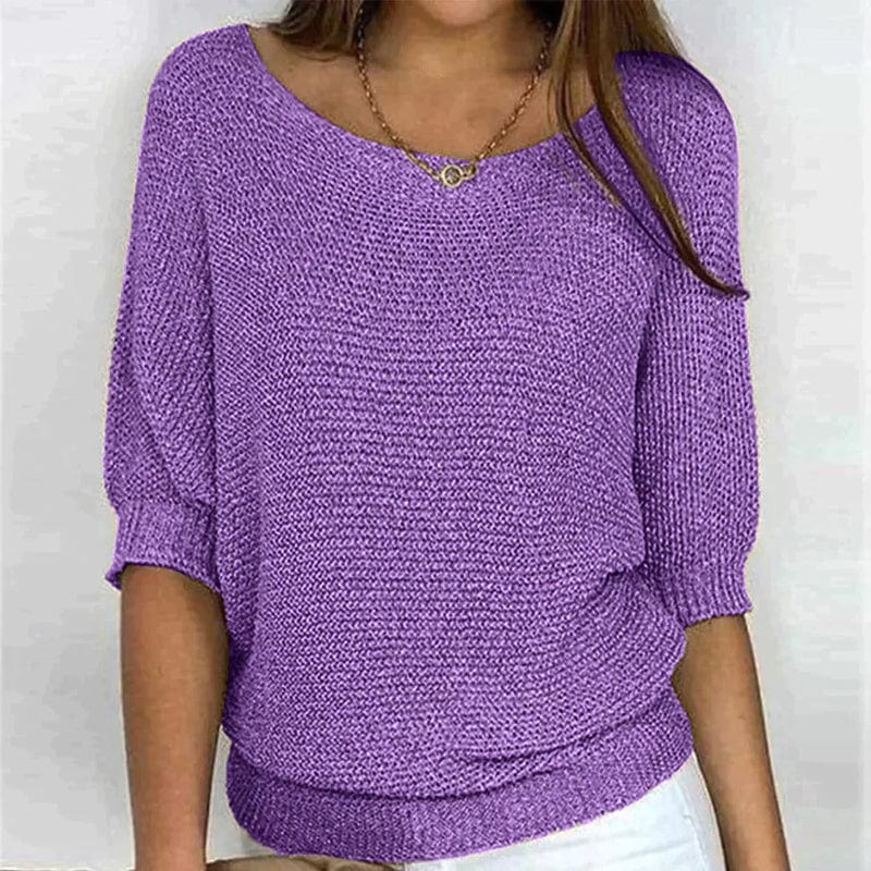 Solid Color Sweater with Round Neck and 3/4 Sleeves