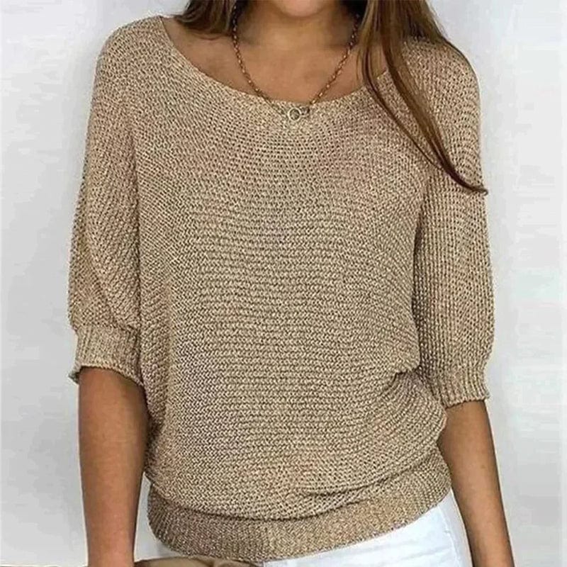 Solid Color Sweater with Round Neck and 3/4 Sleeves