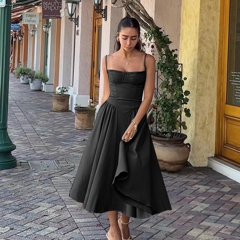 Women’s Elegant Midi Dress with Spaghetti Straps and Flared Skirt