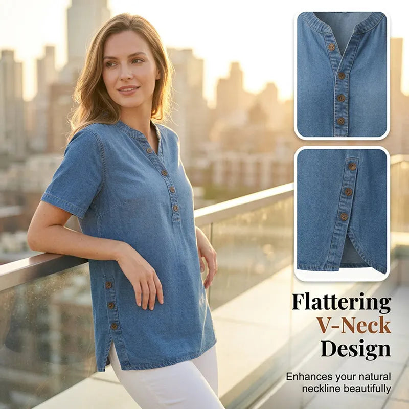 Lightweight Denim Tunic for Women with Short Sleeves and Decorative Buttons