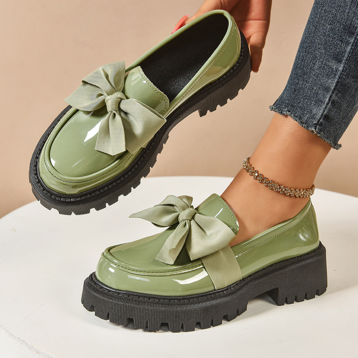 Women's Vintage Bow-Tie Loafer Shoes | Chunky Heel Slip-On