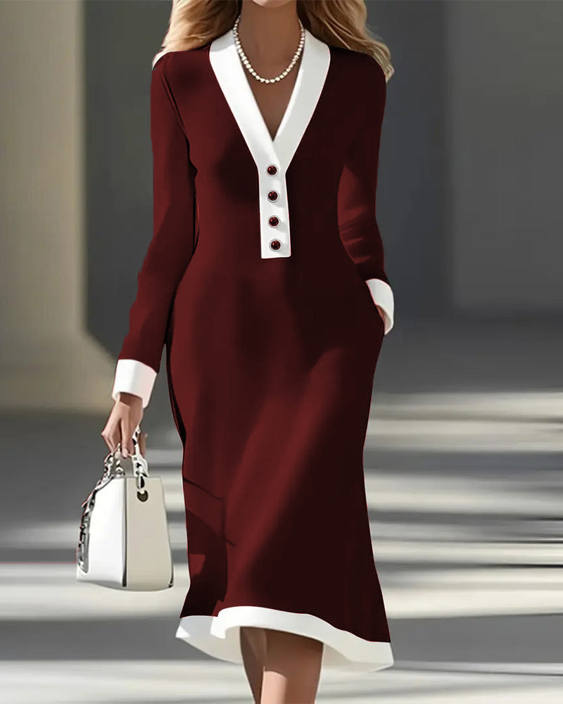 Women's Midi Dress with Long Sleeves and Buttons