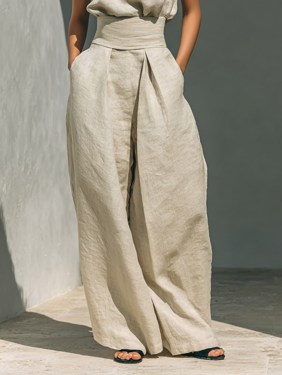 Maria - Complete set with tank top and wide-leg pants in minimalist cotton and linen for women