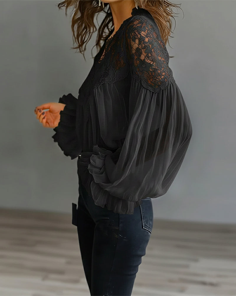 Lace Women's Blouse | with V-neck and puffed sleeves