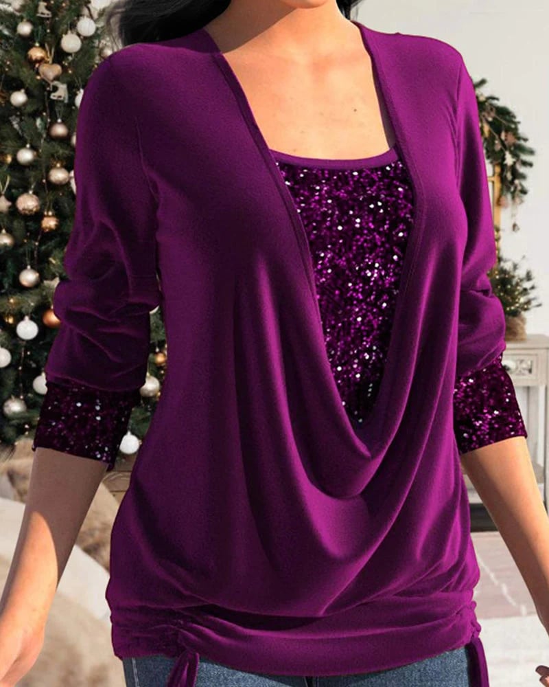 Women's blouse with sequin panel and draped neckline