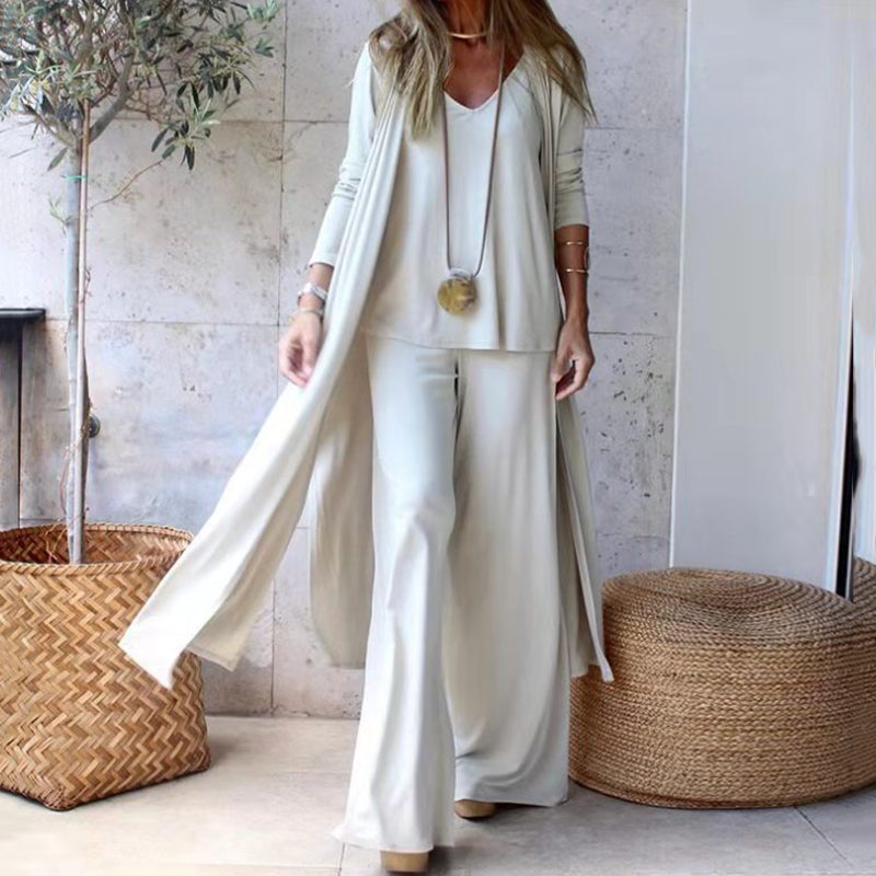 Women’s Elegant Three-Piece Set with Long Cardigan, Top and Wide Leg Pants