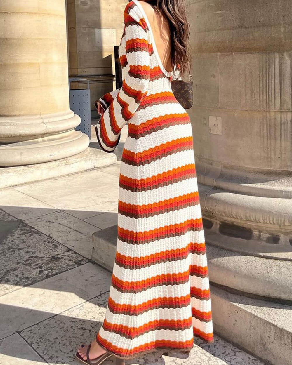Women's Maxi Dress with Stripes and Long Sleeves