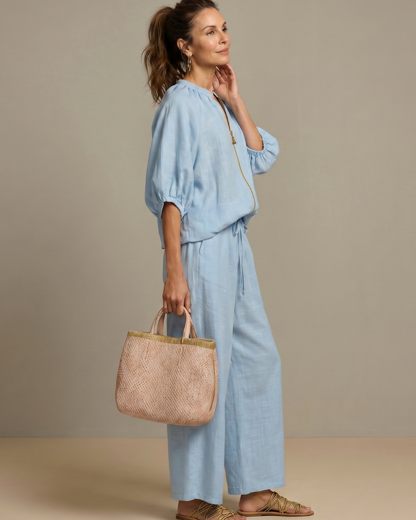 Natalia | Zip Front Blouson Top Wide Leg Set