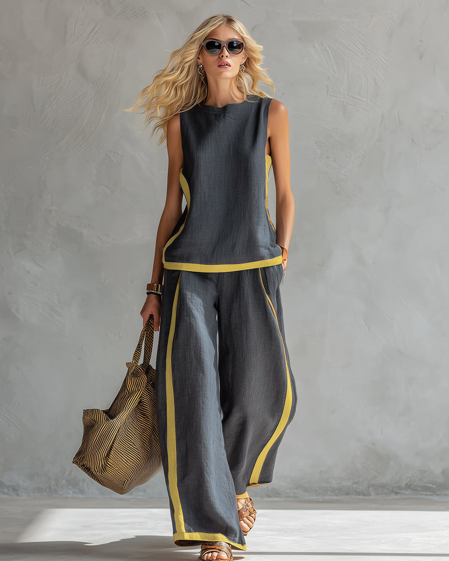 Leila - Elegant and casual vest and pants set in gray cotton and linen with two-tone edges.
