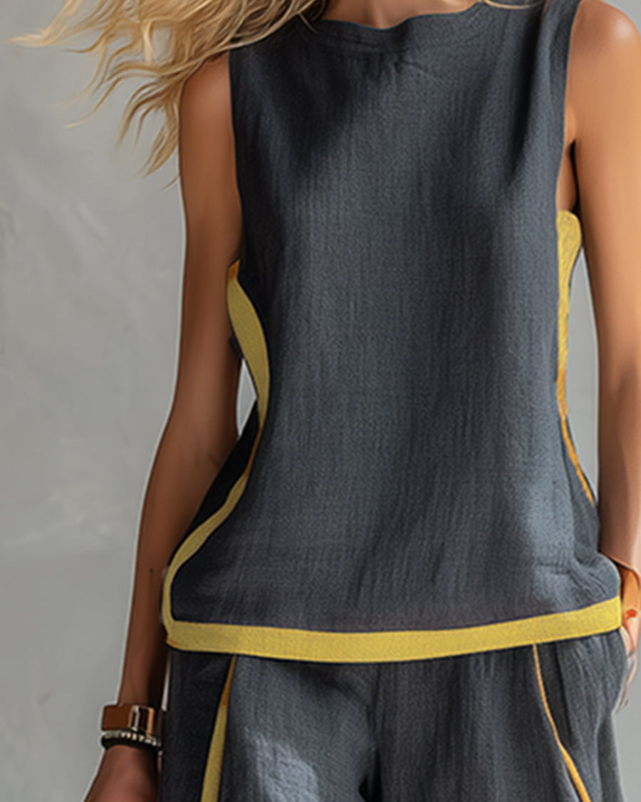 Leila - Elegant and casual vest and pants set in gray cotton and linen with two-tone edges.