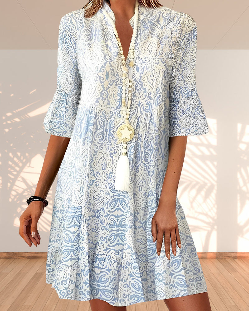 Women’s Boho Printed Mini Dress with V-Neck