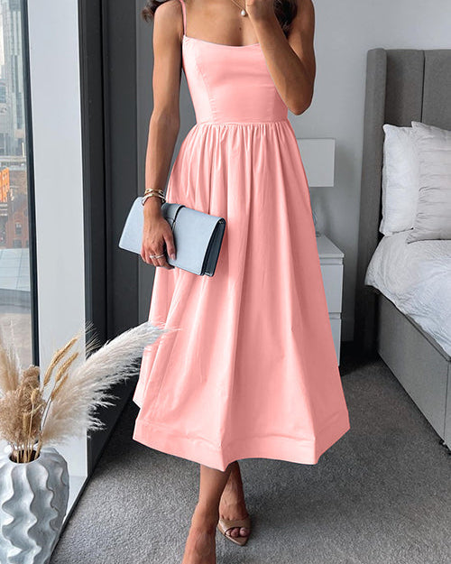 Women’s Elegant Sleeveless Midi Dress with Spaghetti Straps