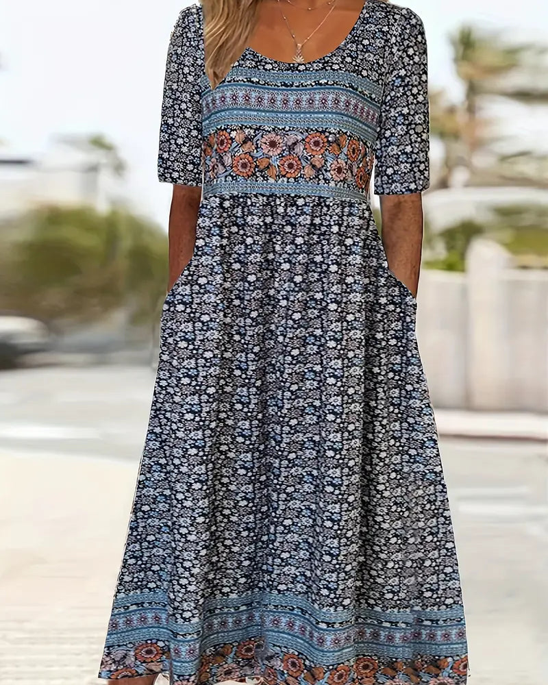 Peyton | Women's Boho Printed Square Neck Short Sleeve Midi Dress