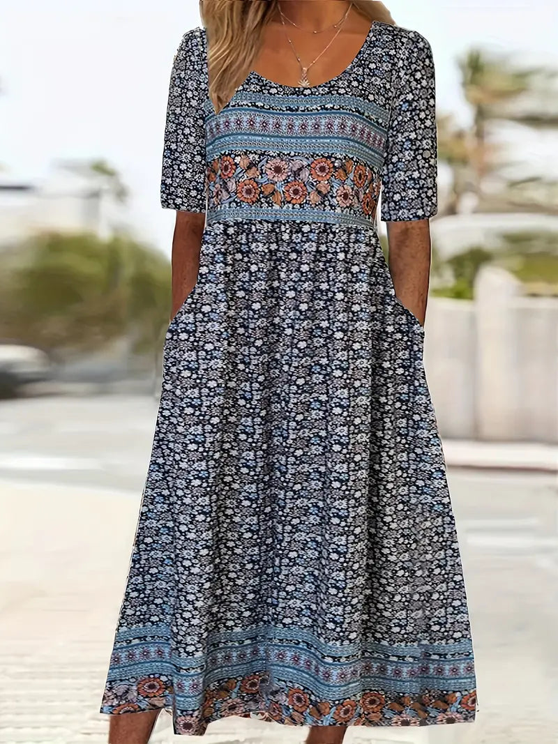 Peyton | Women's Boho Printed Square Neck Short Sleeve Midi Dress