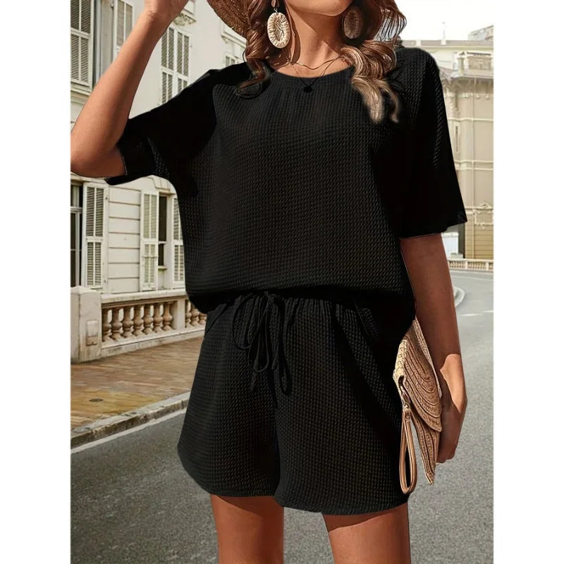 Women’s Relaxed Two-Piece Set with Short Sleeve Top and Drawstring Shorts