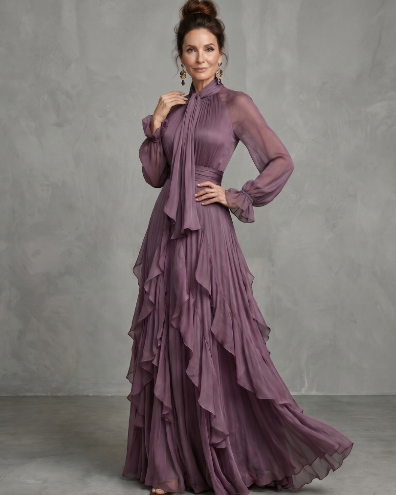Demetria | Tie Neck Ruffle Tiered Maxi Dress