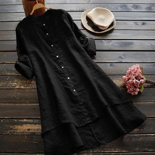 Women's midi dress with button closure, loose fit, and layered hem