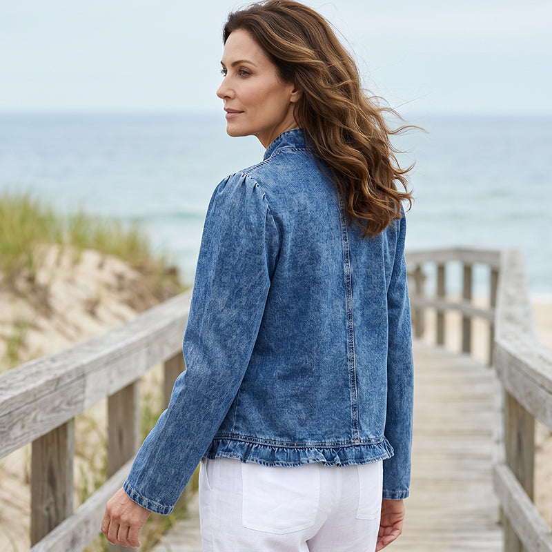 Women's Open Front Denim Jacket with Ruffle Trim