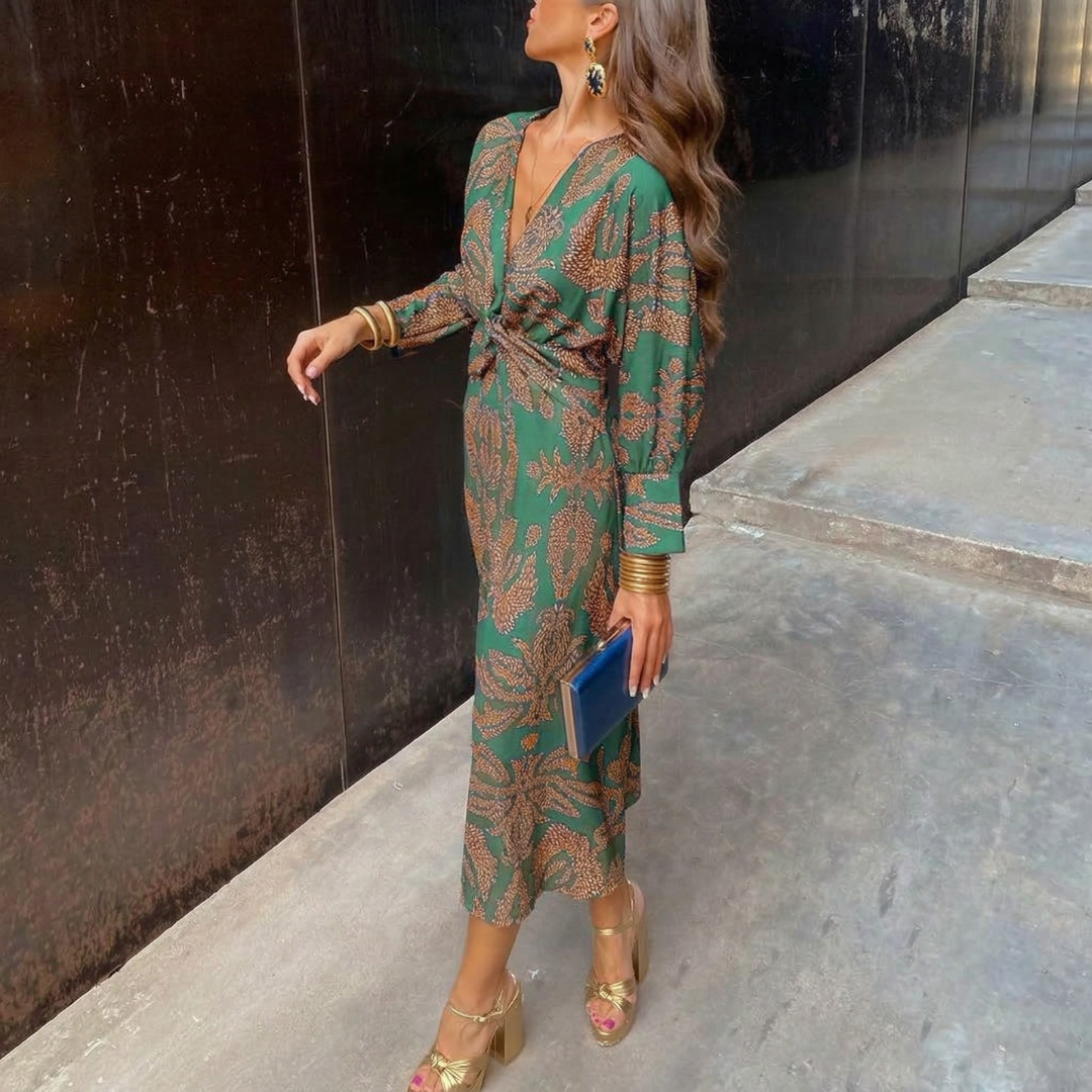 Isadora™ – Elegant Midi Dress with Waist Knot and Artistic Print