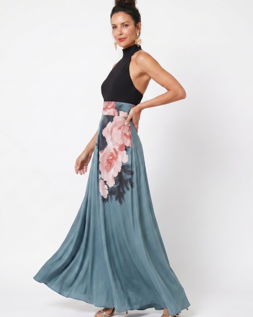 Olympas | Halter Bodice Floral Skirt Maxi Dress