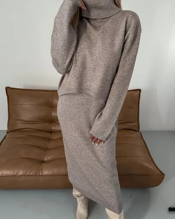 Knit set with turtleneck and midi skirt – minimalist style