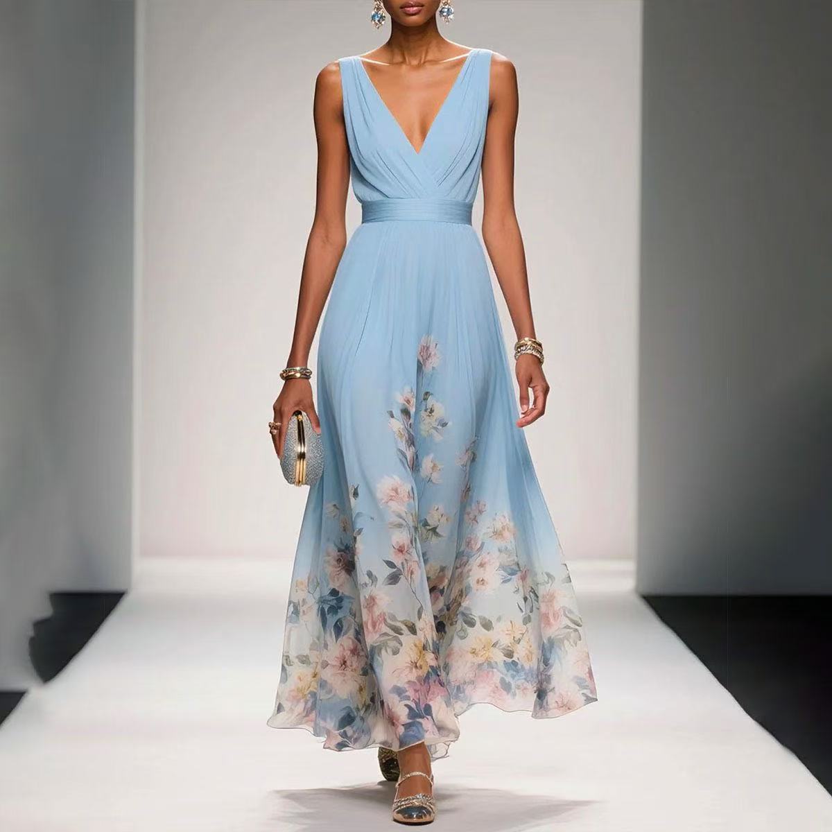Women's Floral Border Print Sleeveless Maxi Dress - V-Neck