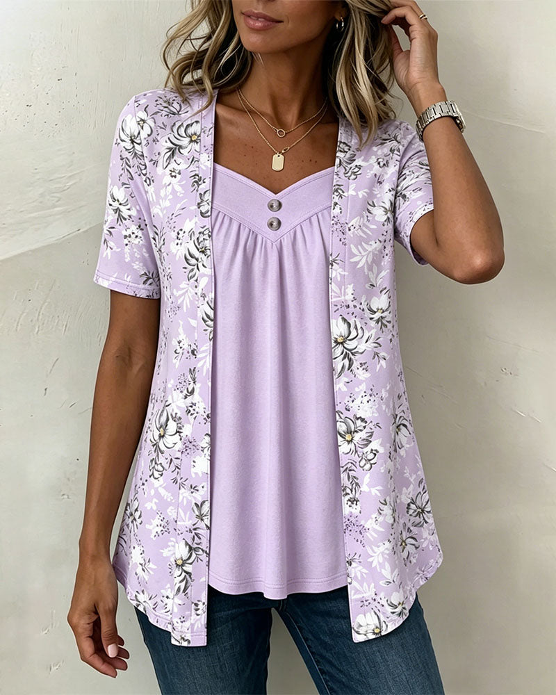 Flower Pattern T-Shirt False Two-Piece