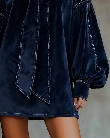 Dark Blue Mini Dress with Velvet Cut and Lantern-Shaped Sleeves