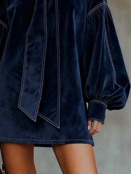 Dark Blue Mini Dress with Velvet Cut and Lantern-Shaped Sleeves