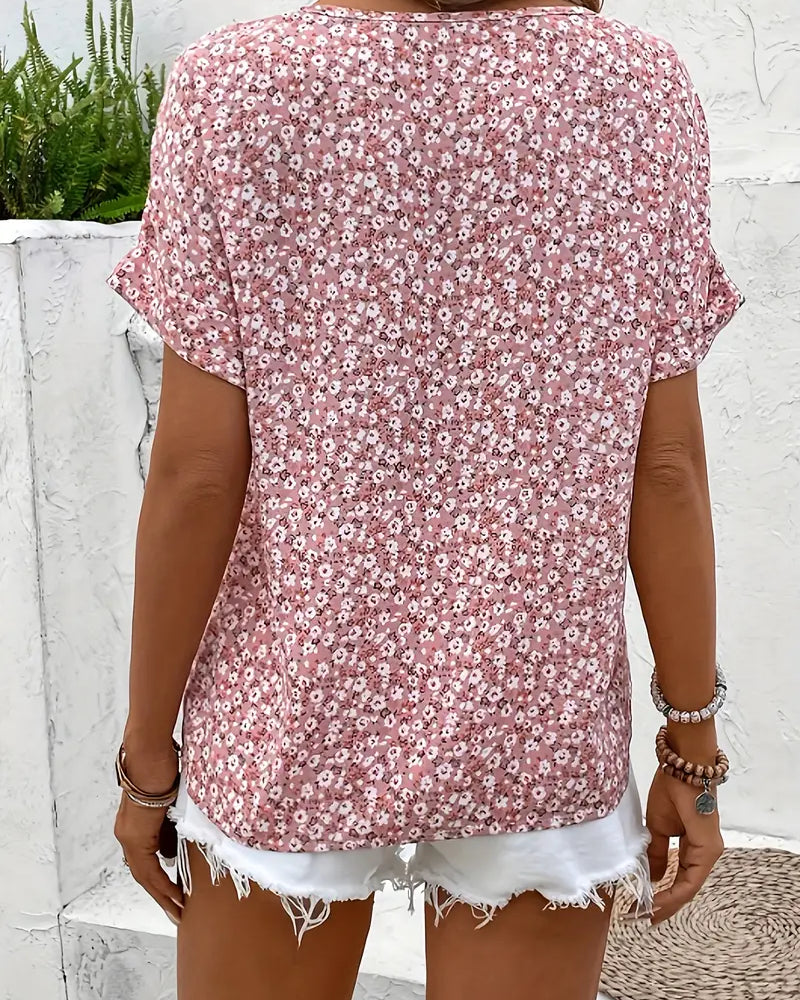 Women's Floral Print Short Sleeve Button-Front Blouse