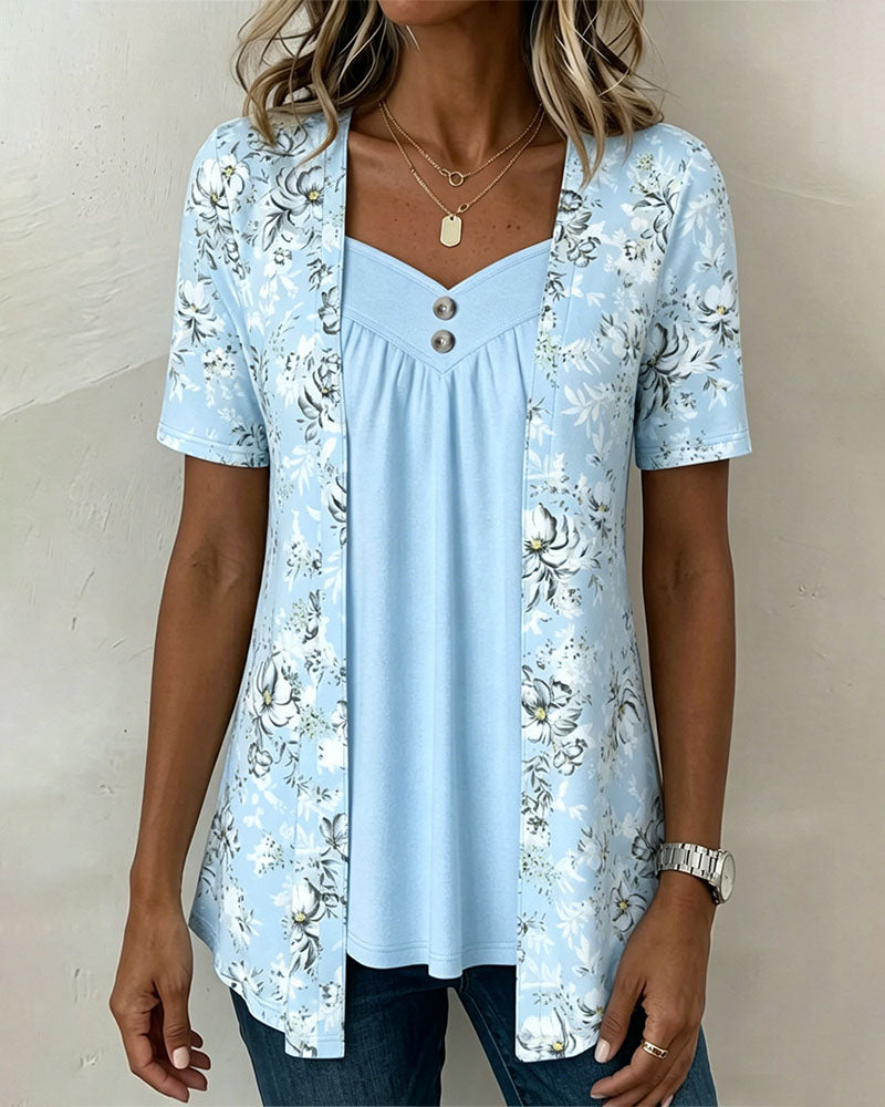 Flower Pattern T-Shirt False Two-Piece