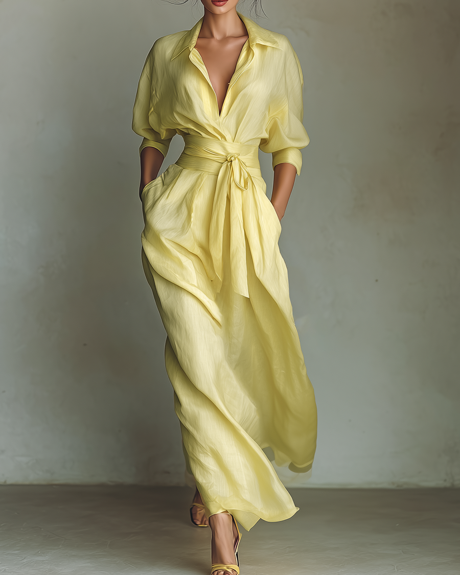 Lily™ | Lemon Tie-Belt Maxi Shirt Dress