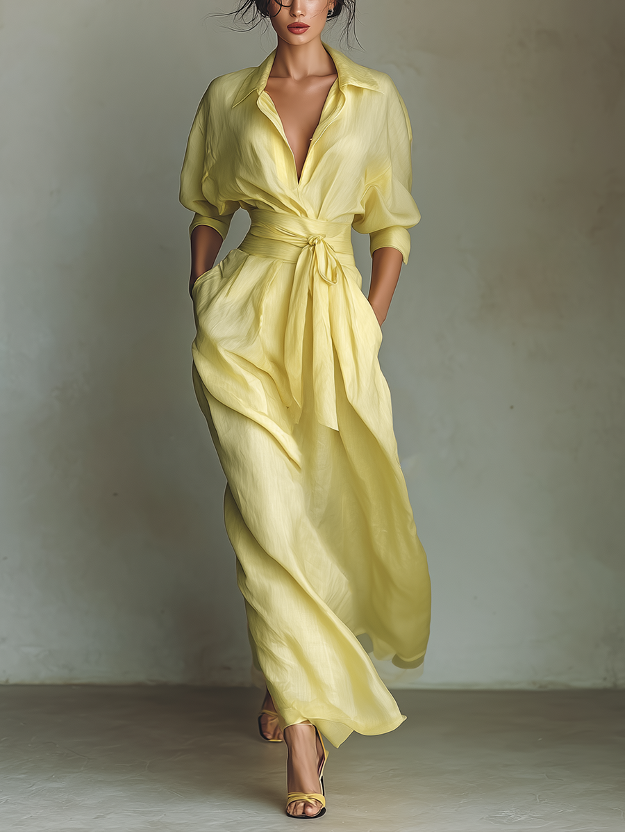 Lily™ | Lemon Tie-Belt Maxi Shirt Dress
