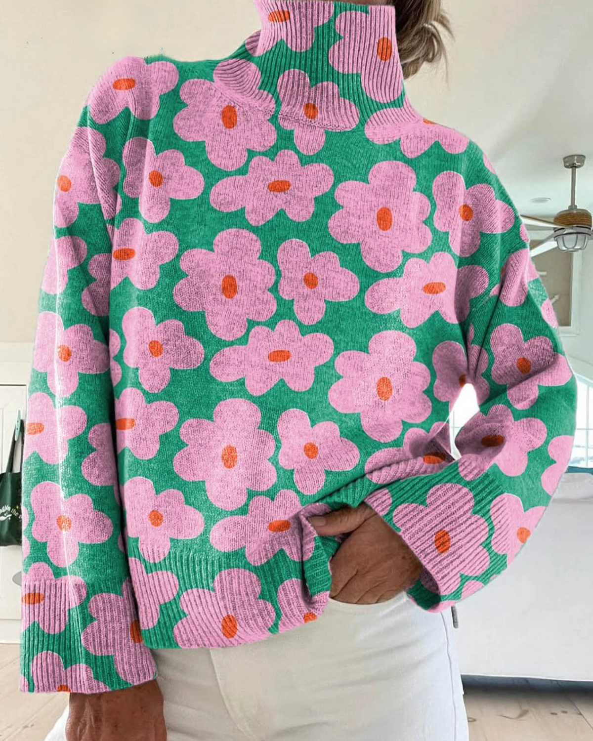 Women's Floral Sweater | with Turtleneck and Long Sleeves